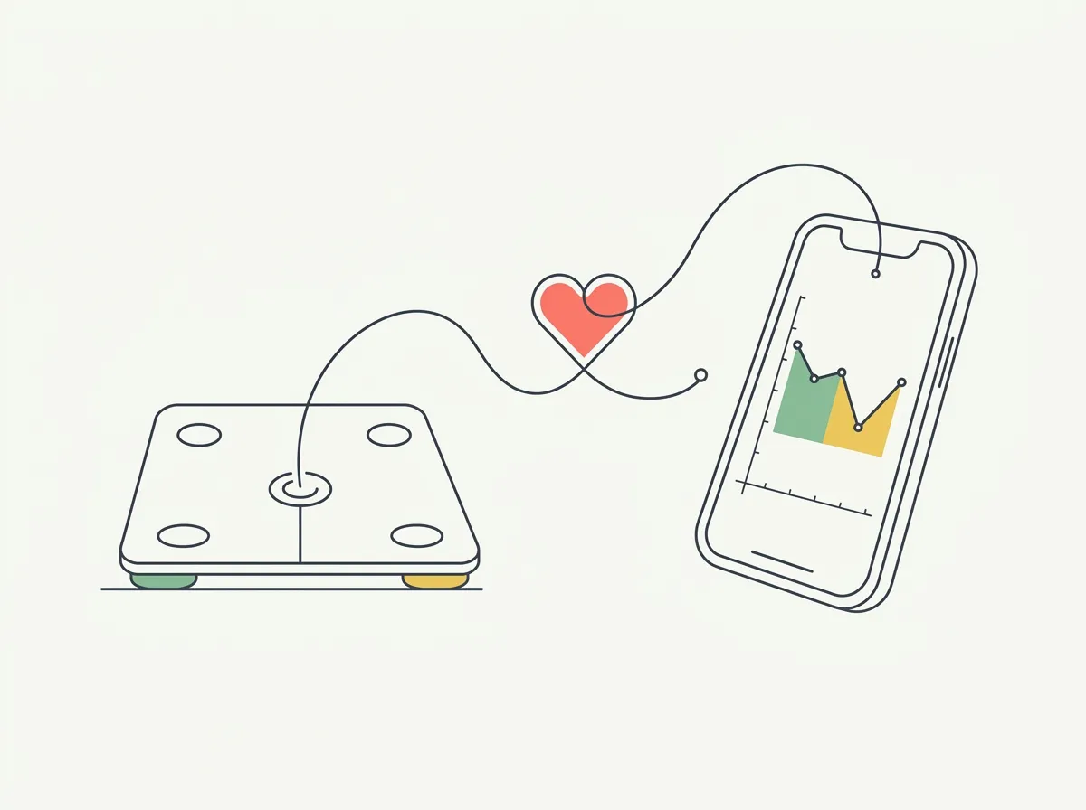 A smart scale connected by a sync line through a health icon into a smartphone showing a weight trend chart