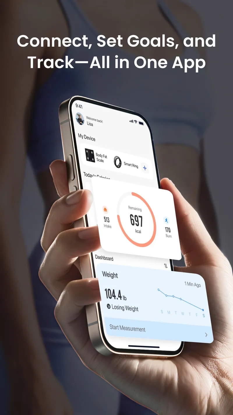 The RENPHO Health app dashboard showing a connected body fat scale, calorie summary, and a weight card trending downward