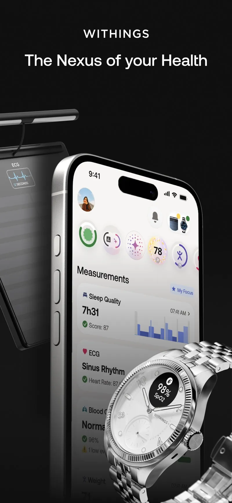 The Withings app measurements screen showing sleep quality, ECG, and health readings next to a Withings scale and watch