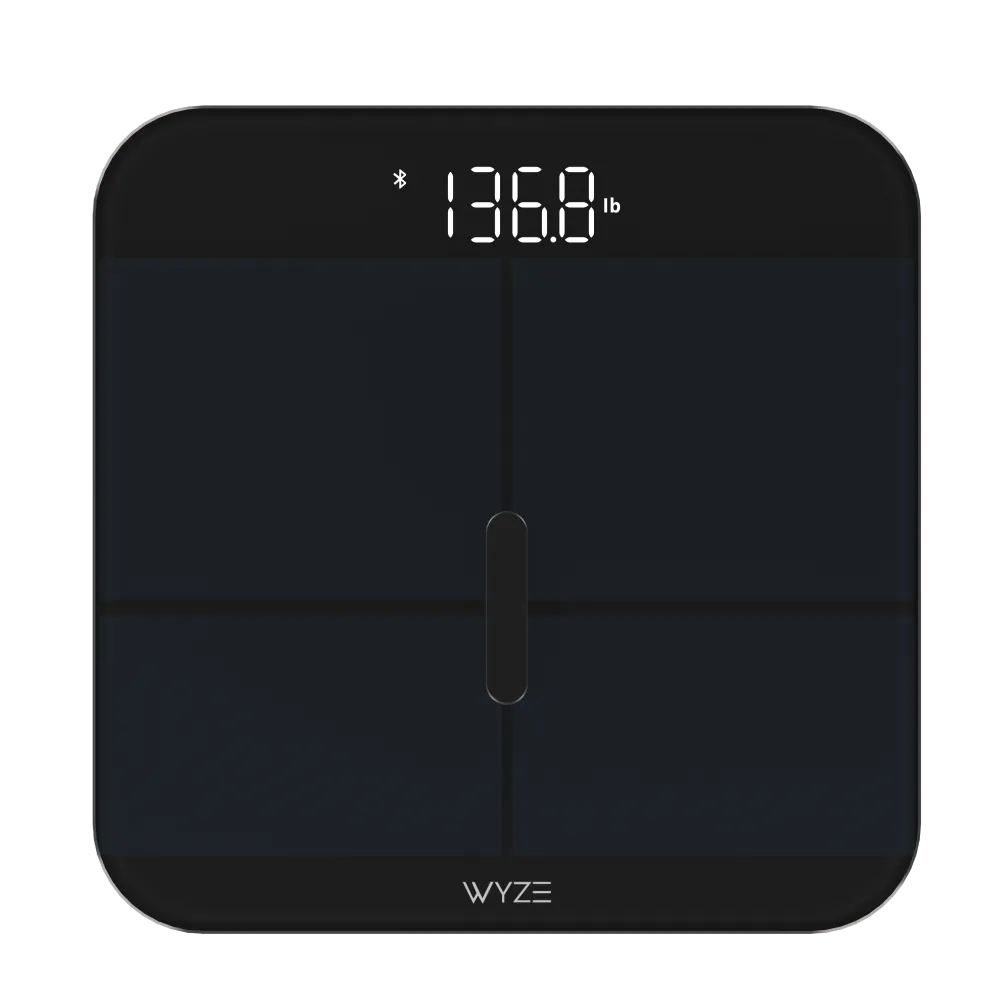 The Wyze Scale X, a black glass smart scale with a Bluetooth indicator showing a weight reading of 136.8 pounds