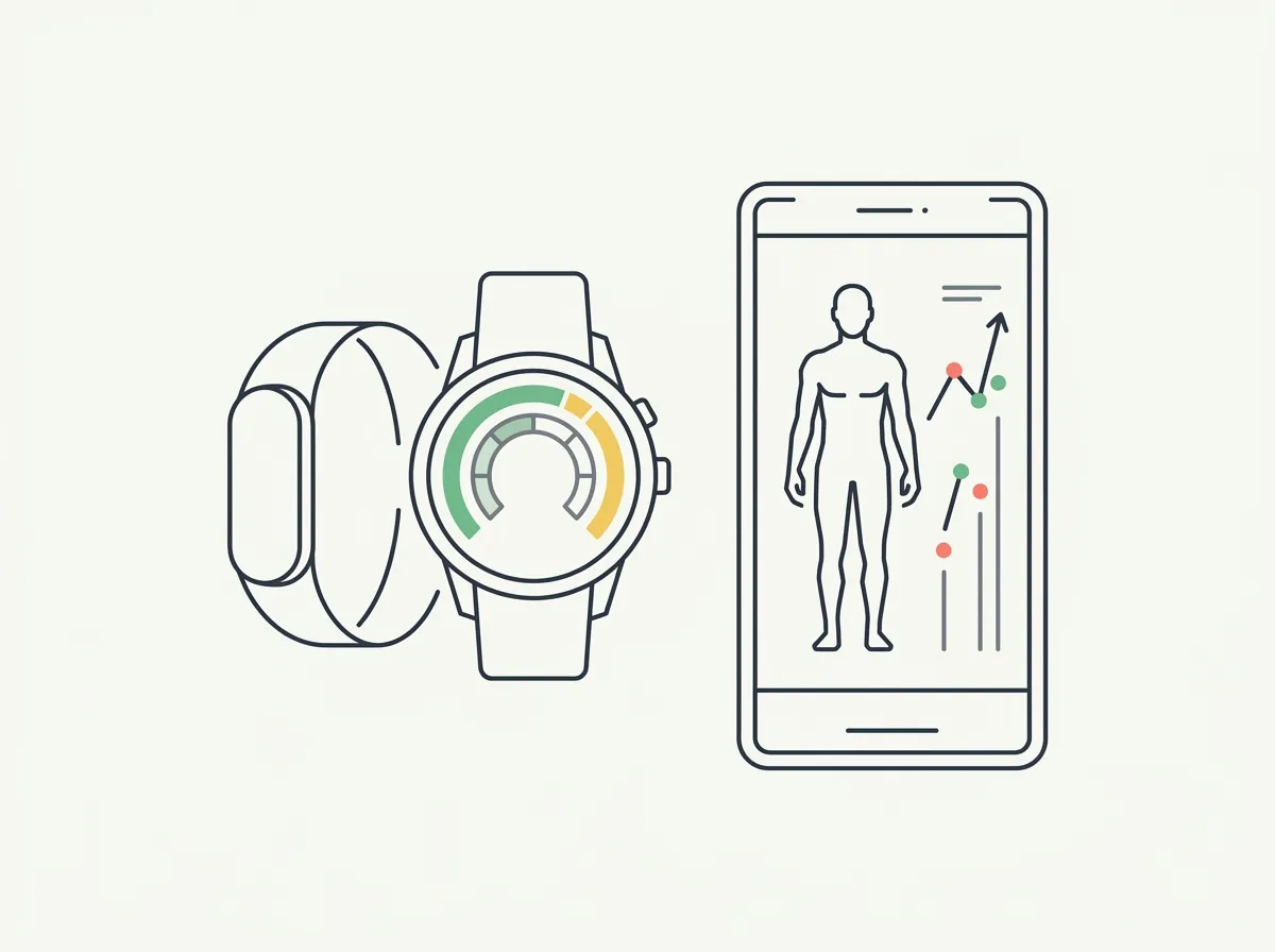 A fitness wearable band and smartwatch with a recovery dial beside a smartphone showing a human physique silhouette and progress chart