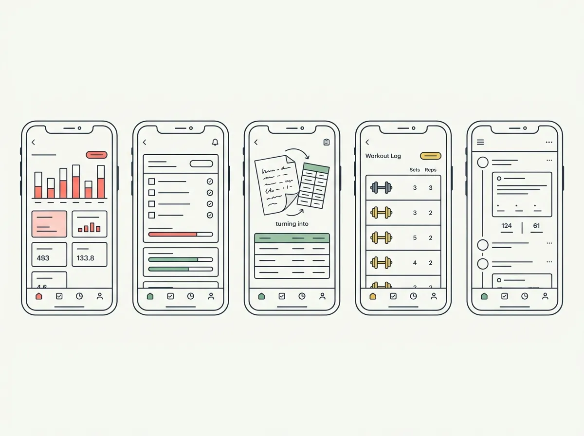 Line-art illustration of five smartphone screens showing different workout tracking interfaces, one turning handwritten notes into structured data