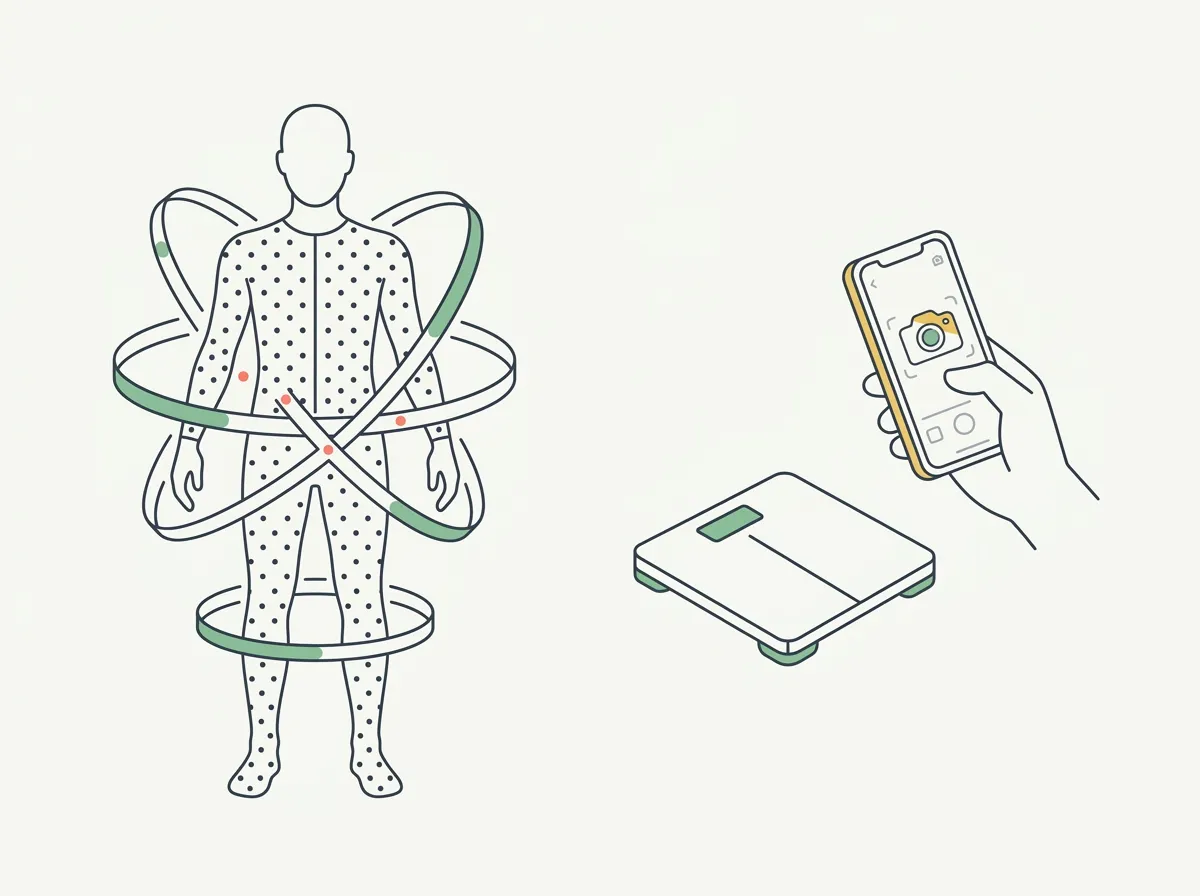 A human figure surrounded by 3D scanning rings and a dotted suit pattern on one side, with simpler alternatives — a smartphone camera and a smart scale — on the other