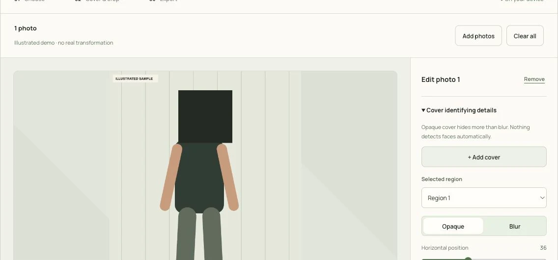 Actual GainFrame browser editor showing its illustrated sample with an opaque face cover and independent region controls