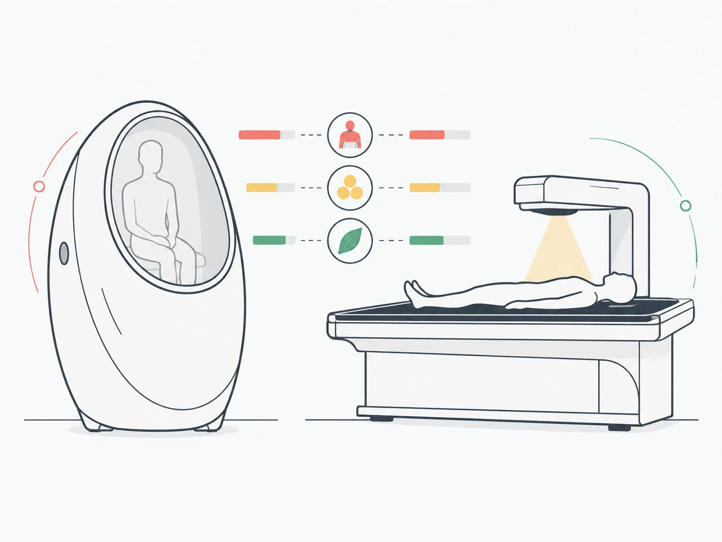 Illustration comparing an air-displacement chamber with a DEXA scanning table