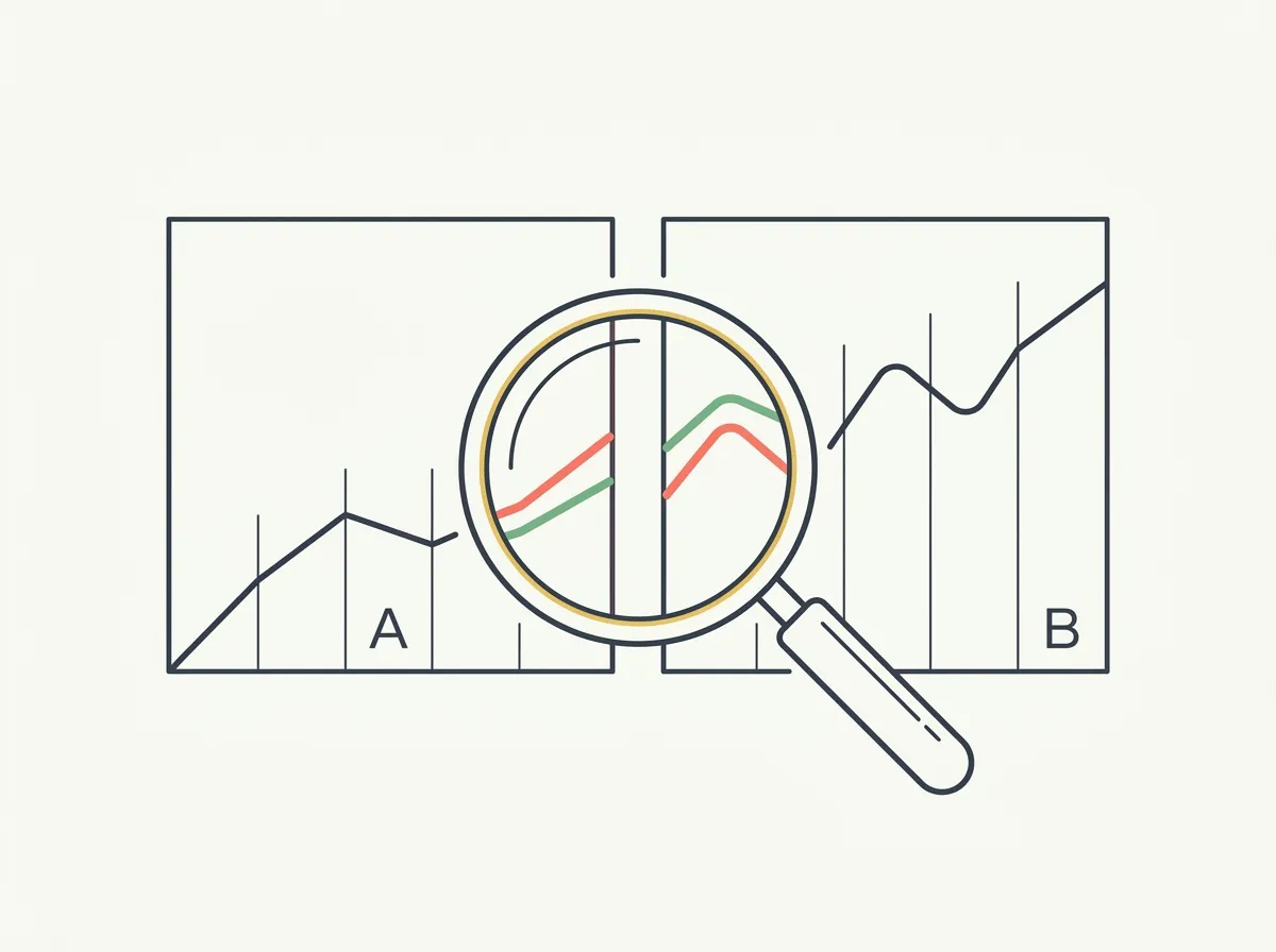 Abstract illustration of an A/B comparison panel with a magnifying glass examining two short stretches of a body-metric trend line