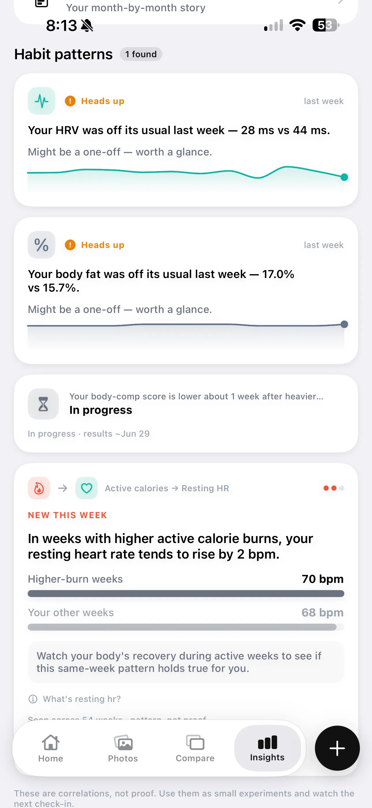 GainFrame habit-pattern cards flagging an HRV change, a body-fat change, and a correlation between active calories and resting heart rate, labeled as correlations not proof