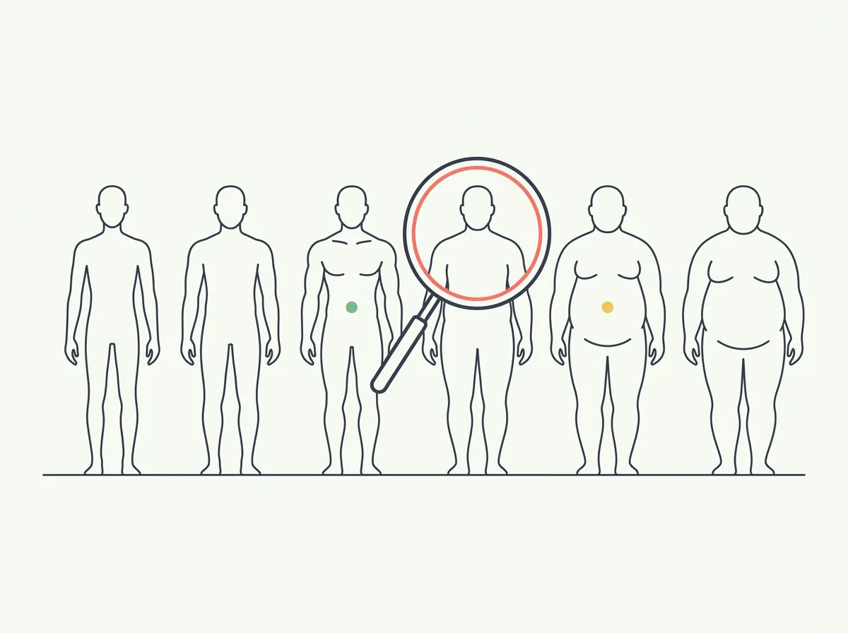 Minimalist illustration of a row of body silhouettes progressing from lean to heavier composition, with a magnifying glass over the middle figure