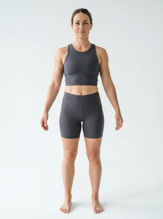 Standardized body composition picture of a woman at 27 percent body fat, fit and healthy appearance