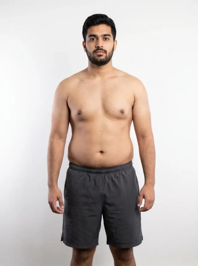 Standardized body composition picture of a man at 28 percent body fat with clear central fat storage