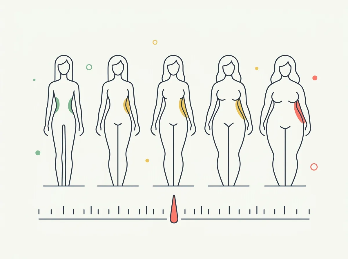 Body fat percentage chart for women showing the same female figure at six levels from 18 to 42 percent body fat
