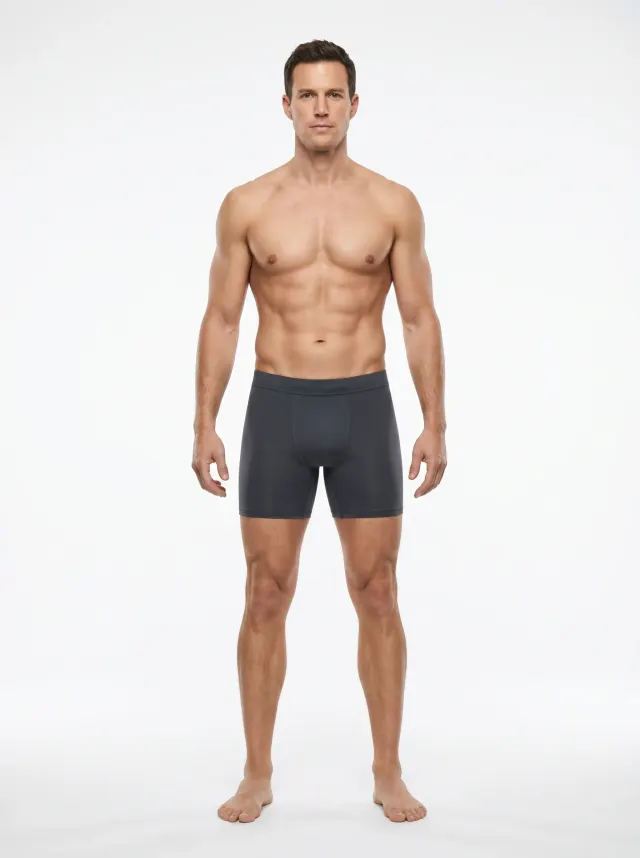 18 percent body fat male — reference physique with a flat stomach, faint upper-ab outline, muscle shape visible with soft edges