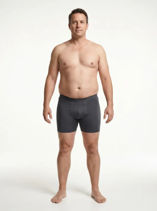 28 percent body fat male — reference physique with a protruding belly, chest fat, love handles, waist wider than hips