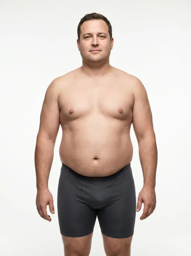 33 percent body fat male — reference physique showing abdominal overhang and significant fat through the trunk, face, and back