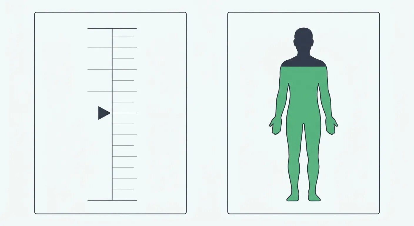 Two measurement panels side by side — a simple single-pointer gauge representing BMI and a body silhouette split into fat and lean zones representing body fat percentage