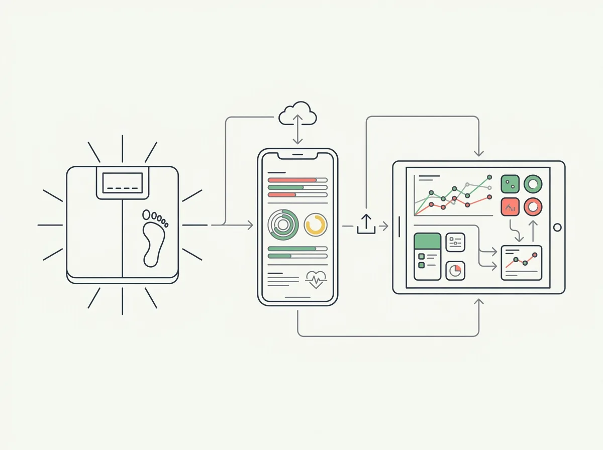 Illustrated smart scale sending measurements through a phone to a separate dashboard