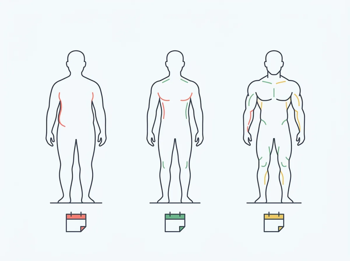 Three silhouettes of the same man at progressive stages of body recomposition over twelve months, waist narrowing and shoulders filling out, above a flat weight line