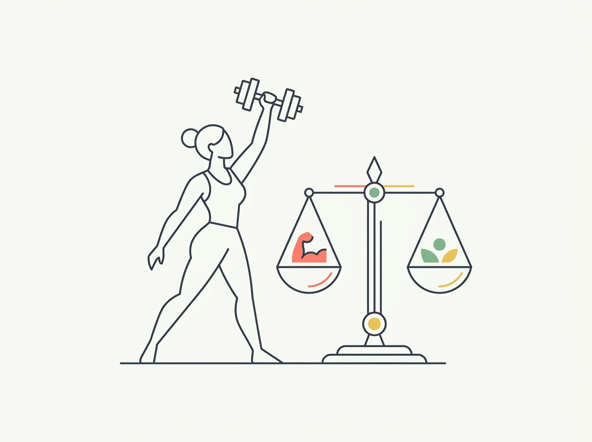 Minimalist line-art illustration of a woman's physique changing shape between two stages while a weight scale line stays flat