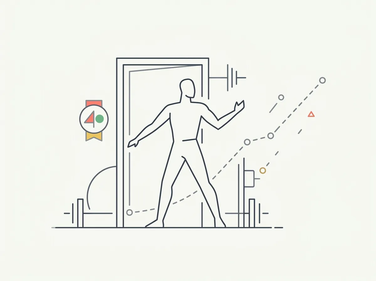 Man in his 40s training with a barbell beside a split panel showing body recomposition progress from higher to lower body fat