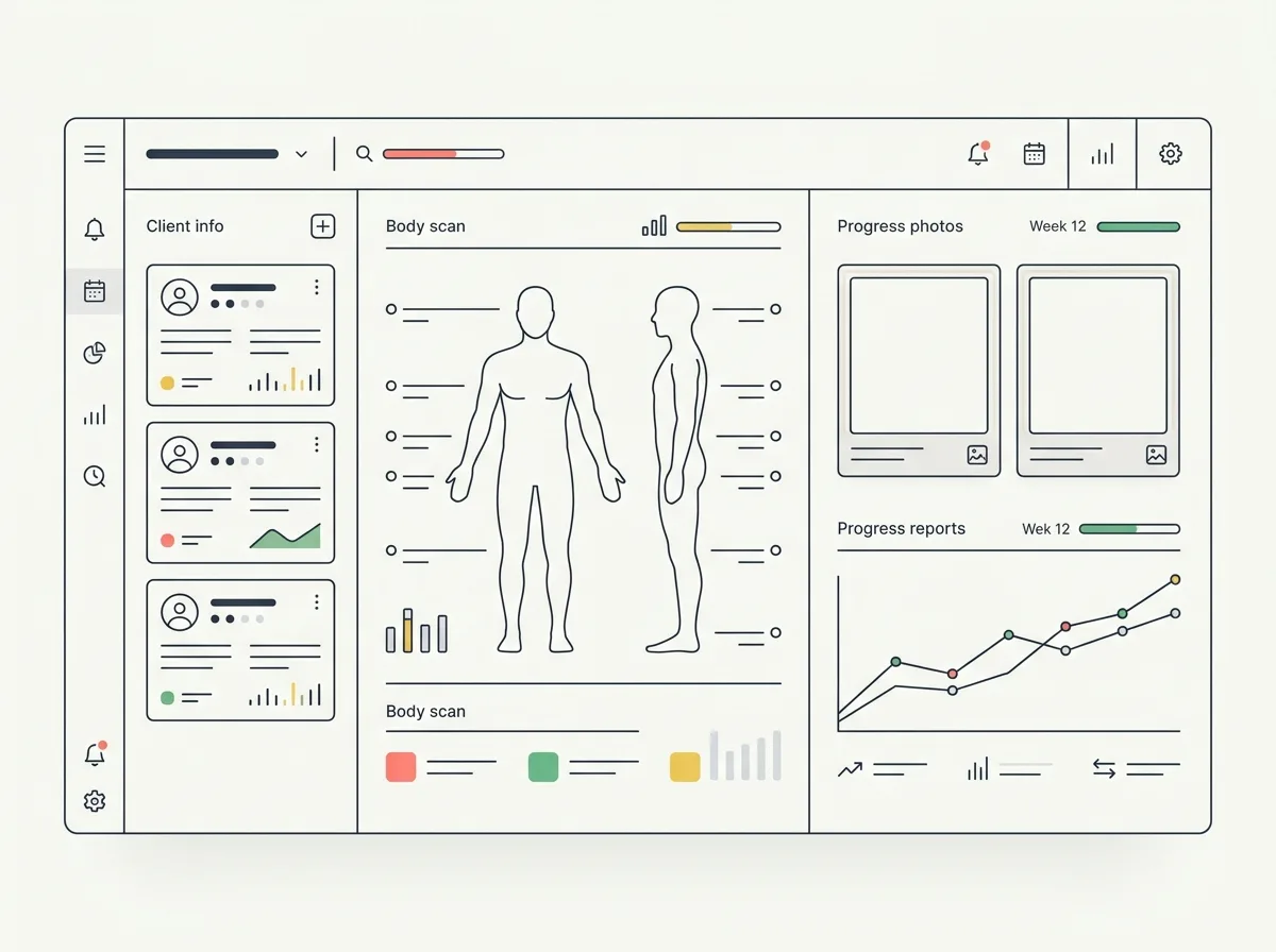 Concept illustration of a coaching dashboard with body scans, client cards and progress-photo frames