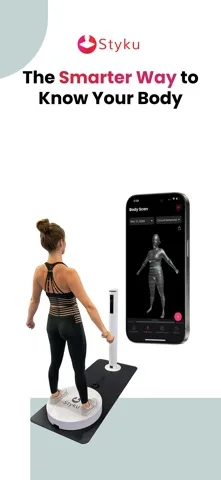 Styku publisher image showing a person on its scanning platform beside a phone displaying a body scan
