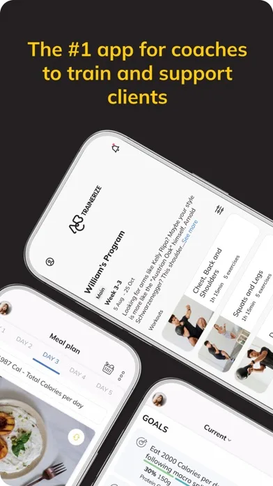 ABC Trainerize publisher image showing a workout program, meal-plan card and goals interface
