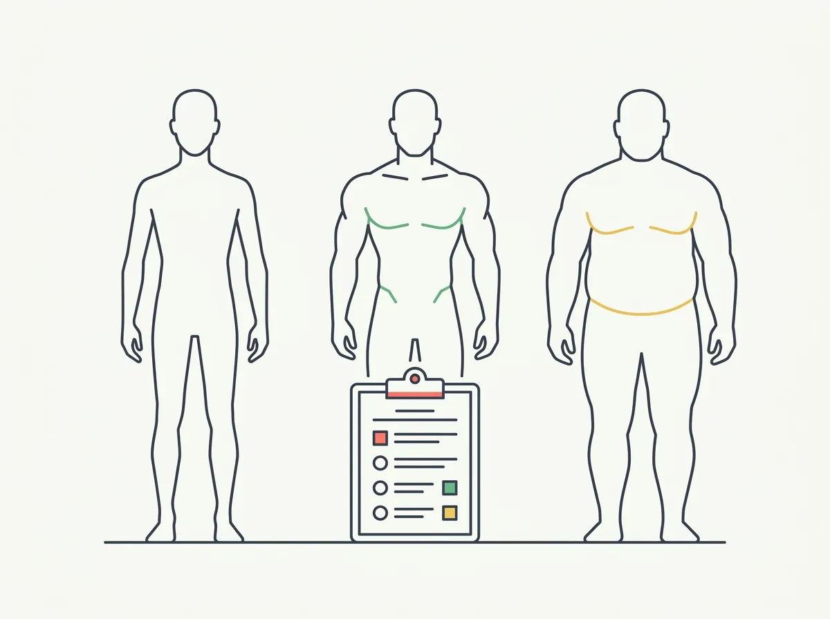 Three male body silhouettes labeled ectomorph, mesomorph, and endomorph beside a six-question body type quiz checklist