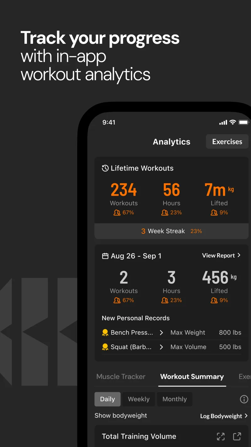 Boostcamp analytics screen with lifetime workouts, weekly activity and personal records