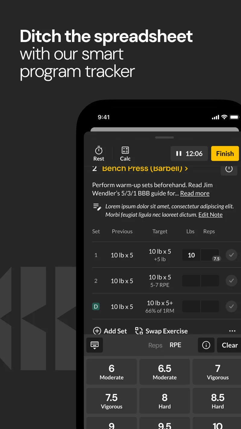 Boostcamp program workout showing prescribed bench press sets and an effort selector