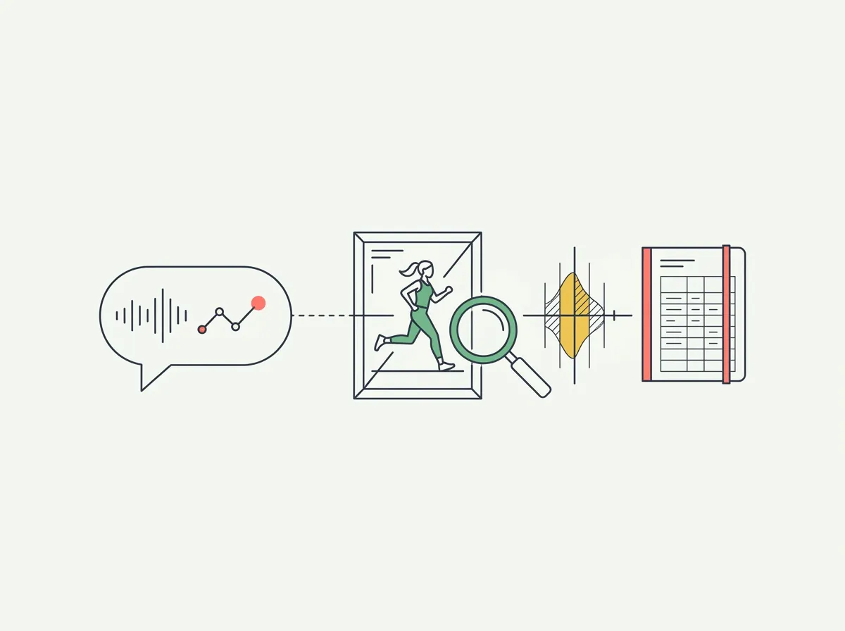 Line illustration of a chat bubble, a framed person, a magnifying glass, an uncertainty range and a notebook