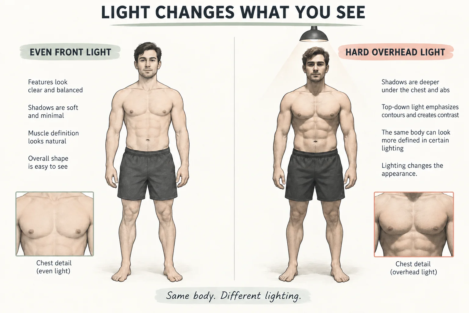 Illustration comparing even front lighting with overhead lighting on a male figure