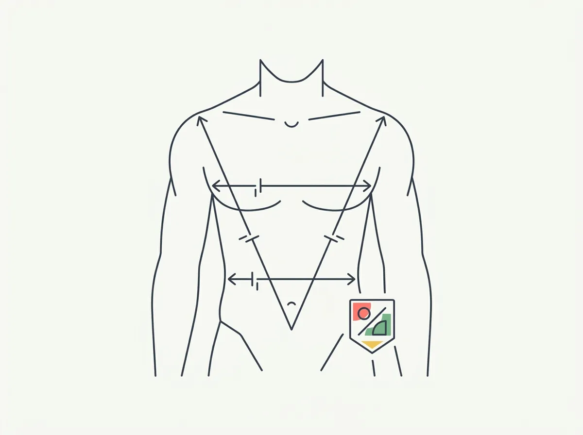 Male torso with measurement lines at the chest and waist showing the chest-to-waist ratio beside a chart of ratio targets