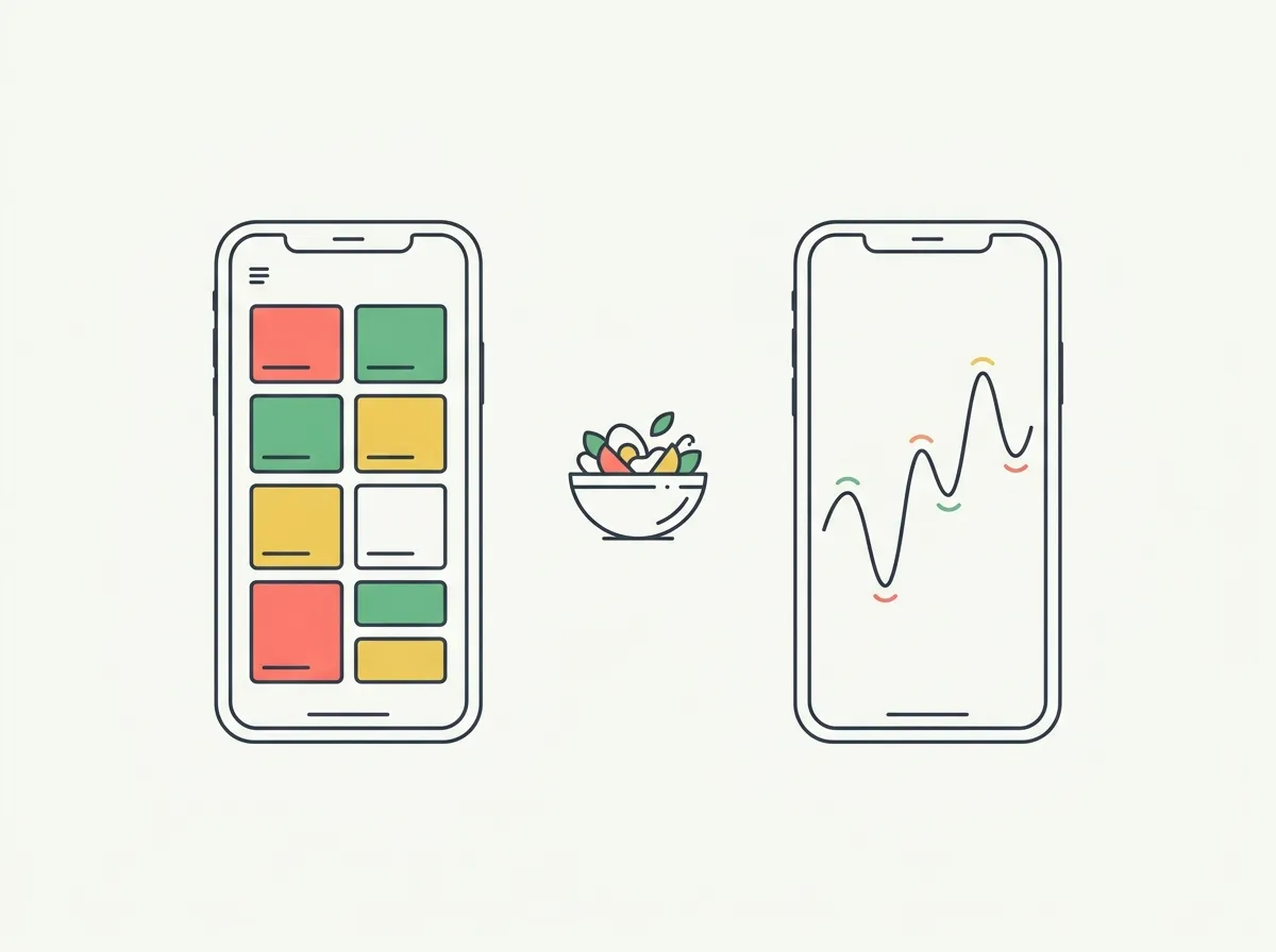 Illustration of nutrient tiles and an adaptive target chart on two phones beside a bowl of food