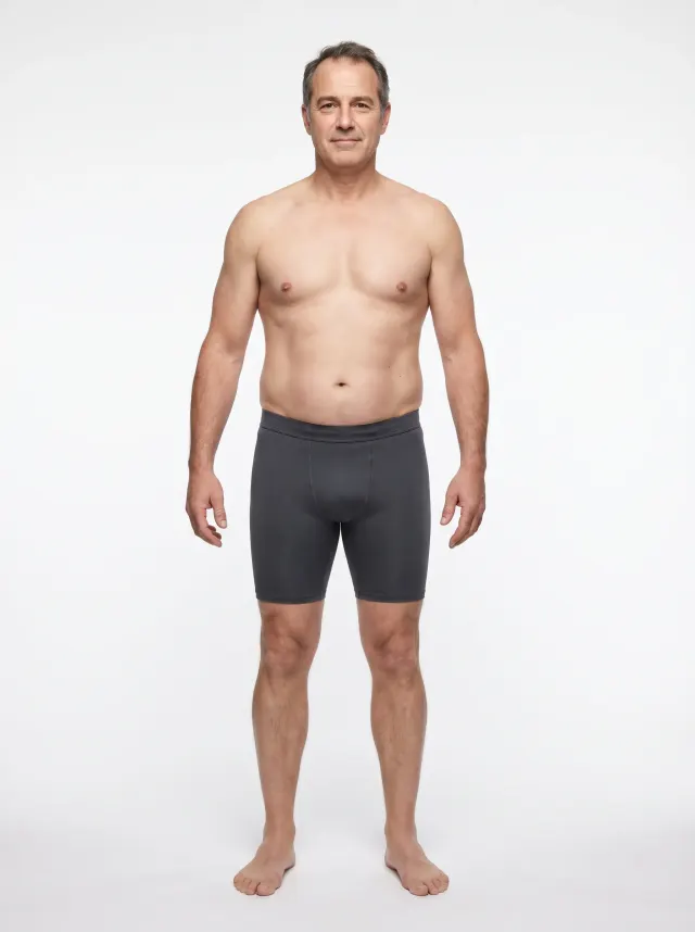 Standardized render of a man in his 40s at 23 percent body fat showing how the same body fat level distributes slightly more toward the midsection with age