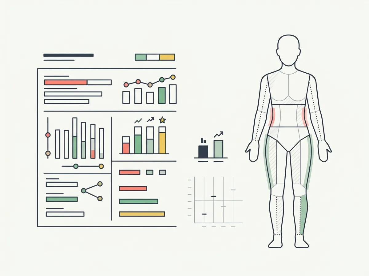 Illustrated DEXA body composition report beside a segmented human figure
