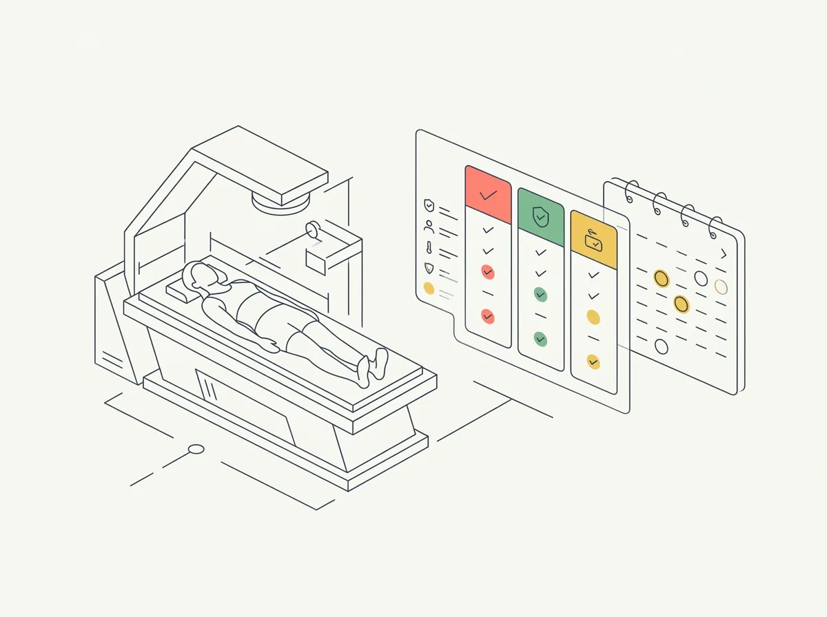 Illustration of a body-composition scan report beside price tags and a calendar