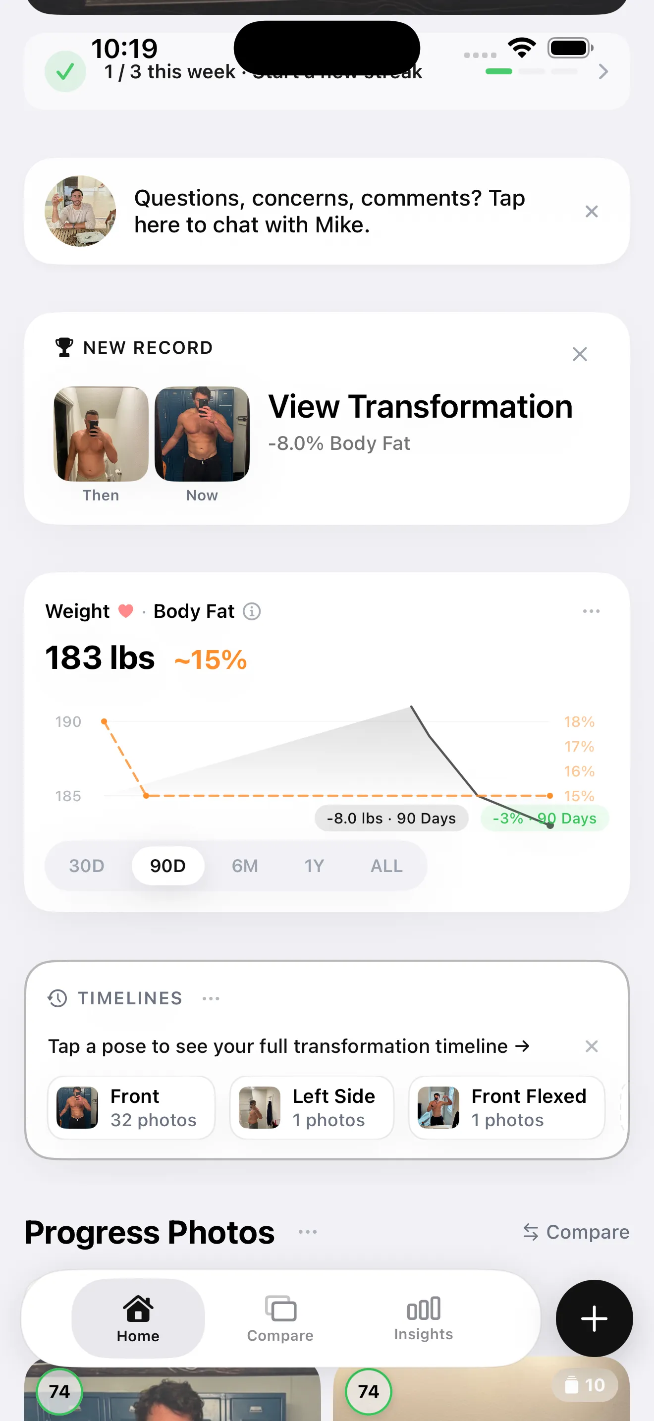 Insights dashboard showing 90-day weight and body fat trend chart, transformation card with -8% body fat, and pose timeline breakdown by photo count