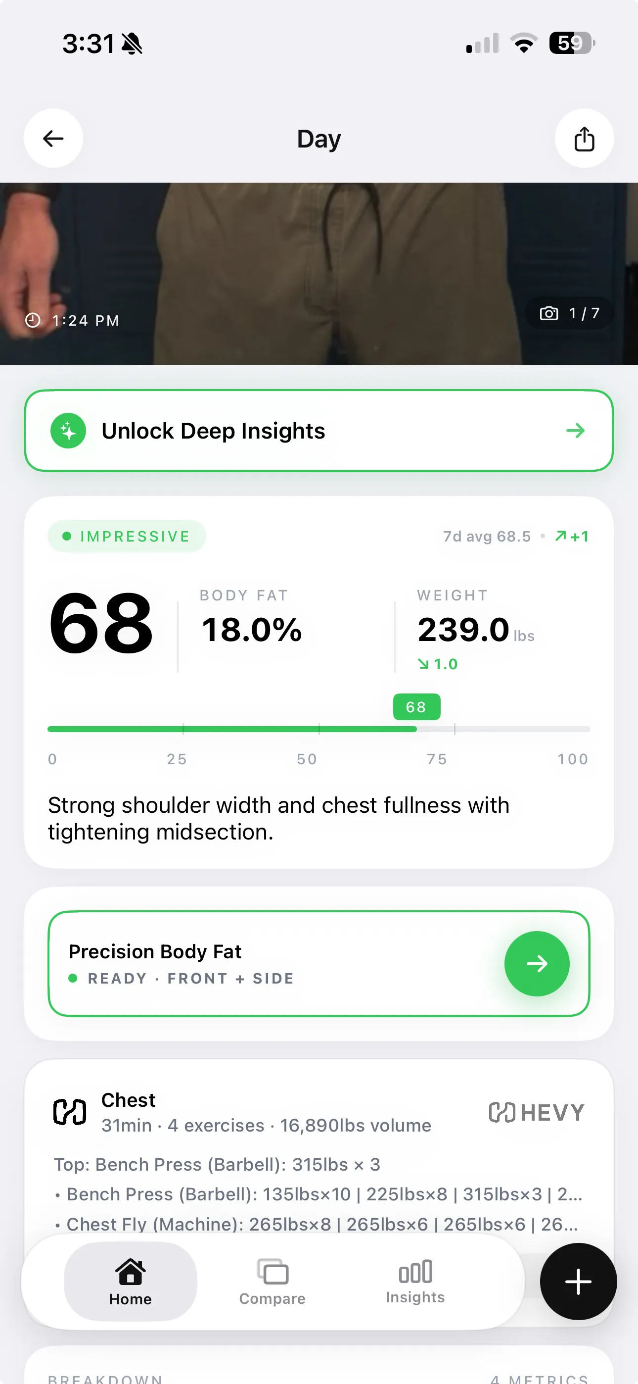 GainFrame day check-in screen showing photo, score card, body fat, AI narrative, and the Hevy workout integration with set-by-set lifting data