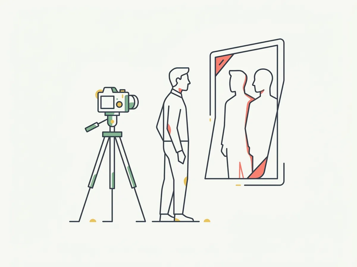 Minimalist illustration of a person looking at a mirror that shows two different silhouettes, next to a camera on a tripod representing an objective photo check