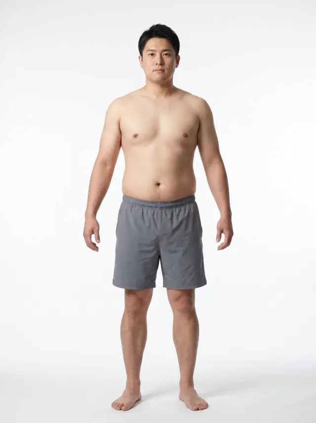 Standardized AI render of a man at 23 percent body fat, average build with a soft midsection