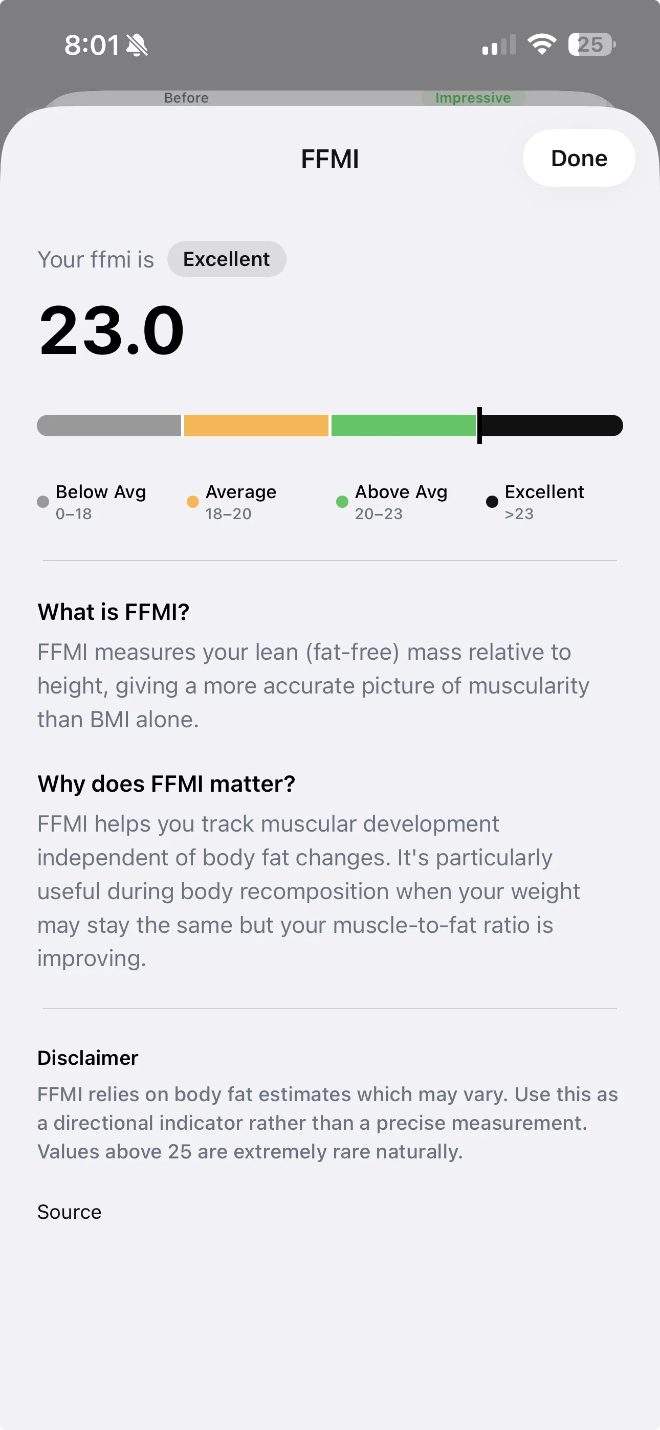 GainFrame app showing FFMI score 23.0 rated Excellent, with horizontal range bar from Below Average through Average, Above Average, and Excellent zones