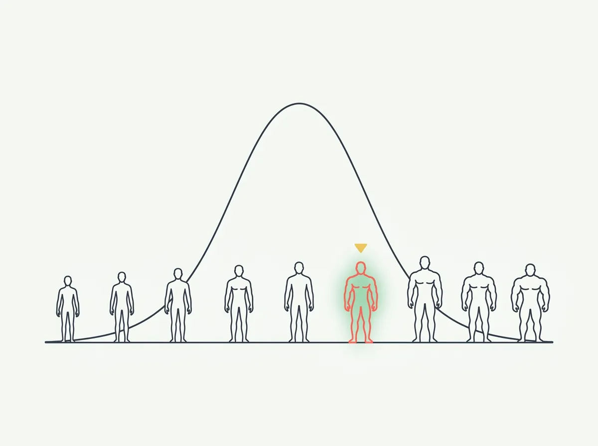A bell curve distribution of FFMI values with markers at the untrained average, trained lifter range, and the commonly cited natural ceiling of 25