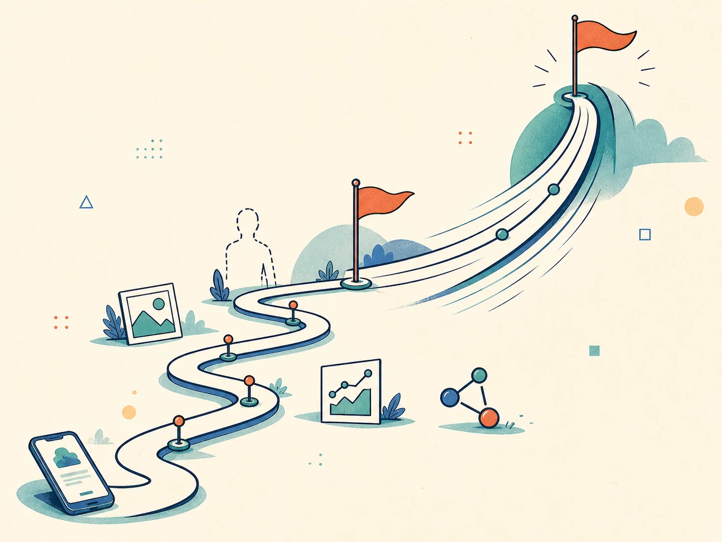 Editorial illustration of a long winding app founder path becoming a short steep climb after the first milestone