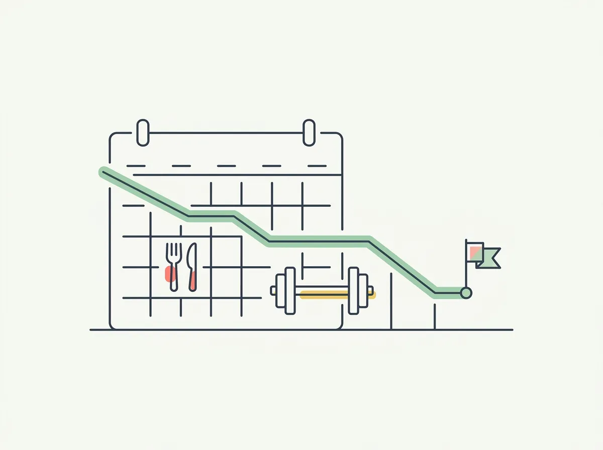 A calendar with a fork, knife, and dumbbell inside it, and a descending trend line ending at a small goal flag