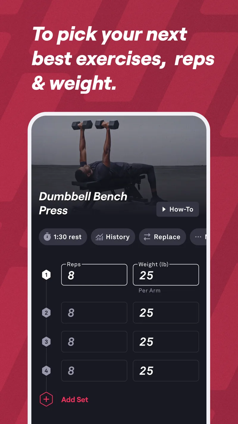 Fitbod dumbbell bench press screen with suggested sets, repetitions and weight