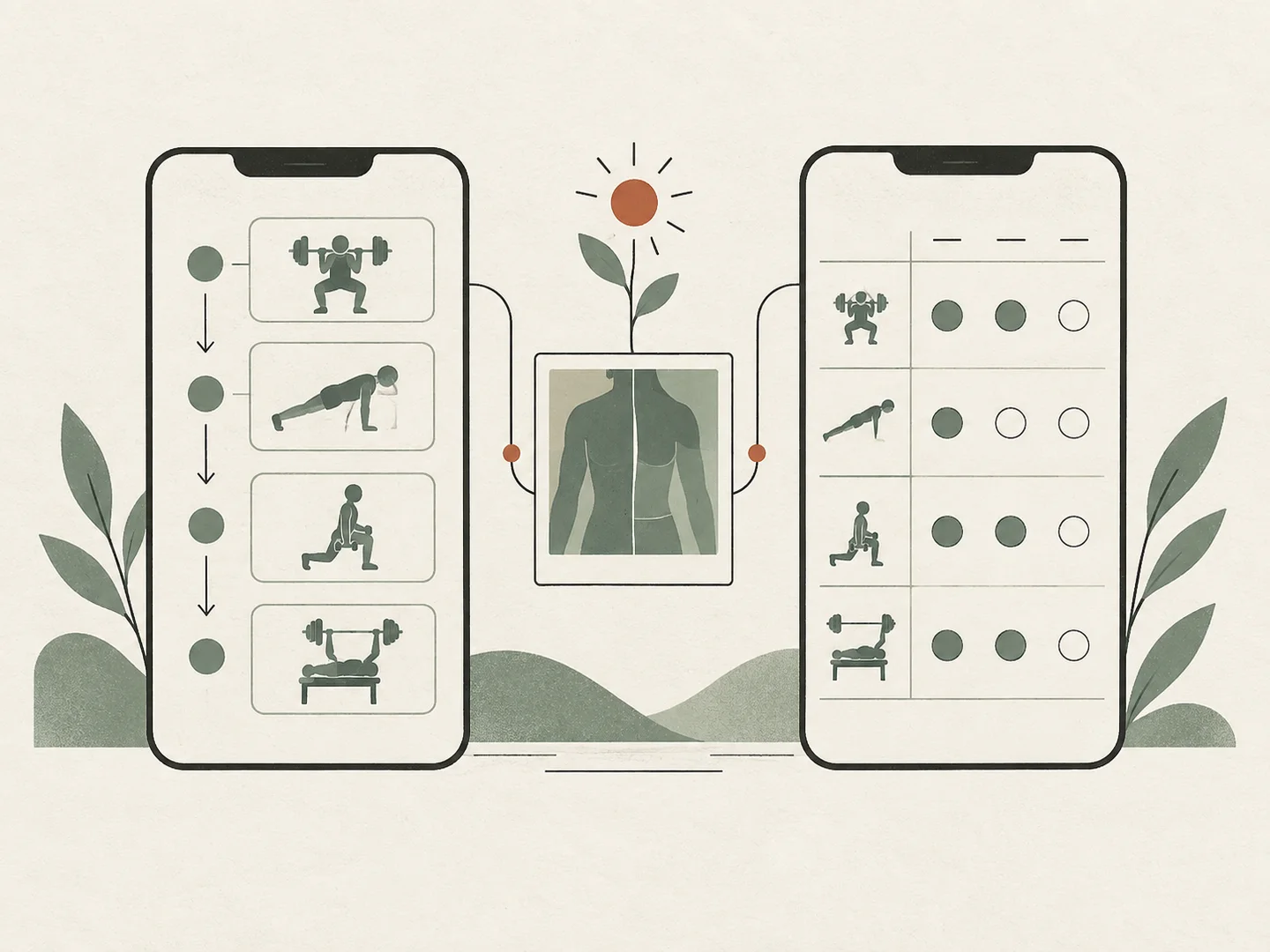 Editorial illustration of a workout planner, a set log and a small progress photo frame