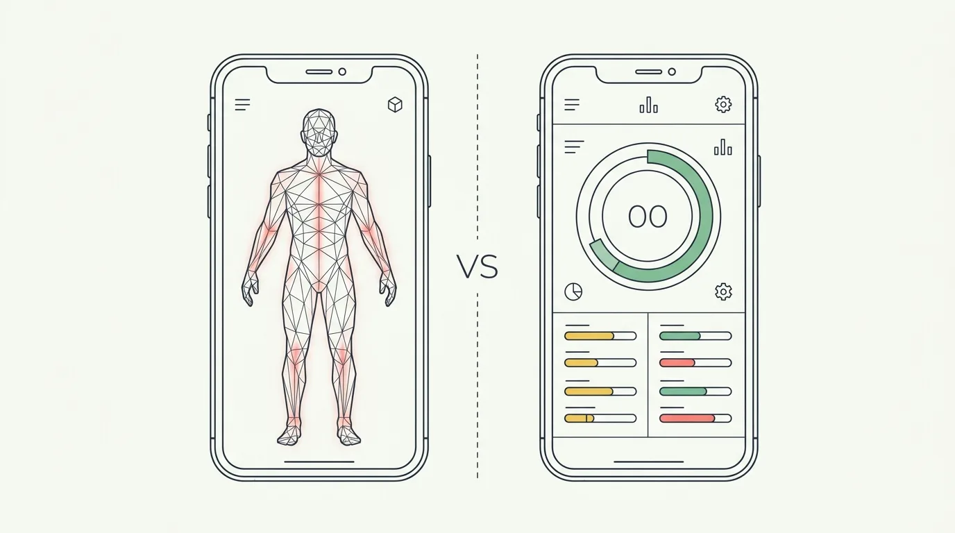 Two smartphones side by side with a VS divider — left showing a 3D body-scan mesh inside a workout app, right showing a single-photo AI body composition dashboard with a physique score and per-muscle ratings