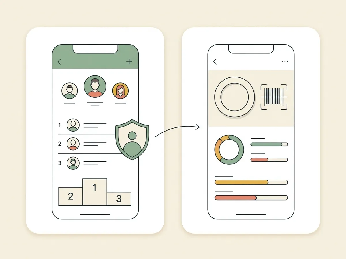 Line-art product update illustration connecting a ranked score leaderboard and a protected progress photo to barcode scanning and macro tracking