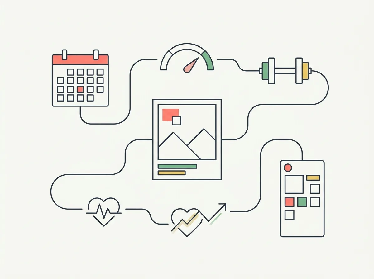 Line-art illustration of a progress photo frame connected to a calendar, measurement dial, trend line, and vertical share card