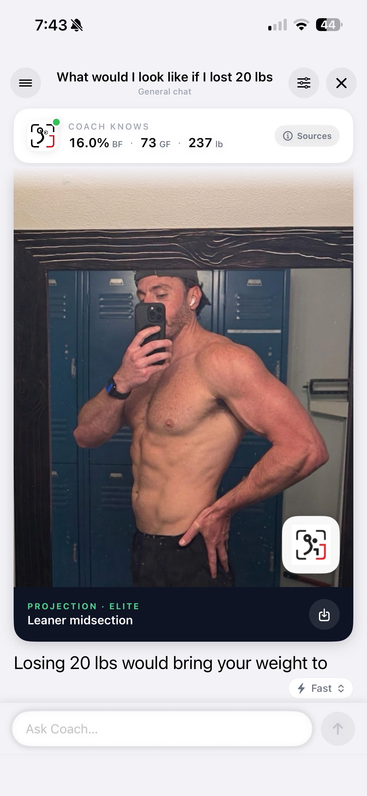 GainFrame Coach generating a future-physique projection in response to 'What would I look like if I lost 20 lbs' — showing a leaner-midsection rendering of the user's own physique tagged 'PROJECTION - ELITE'.